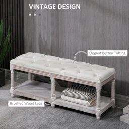2-Tier Bed End Bench, Vintage Stool Button Tufted Window Seat Cream White - thumbnail 3