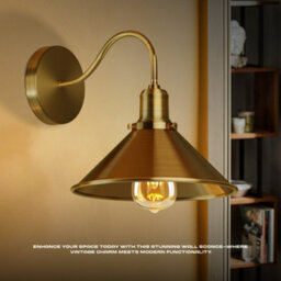 " Retro Industrial Wall Light Swan Neck Arm, Yellow Brass Conical Shade Wired Wall Light" - thumbnail 5