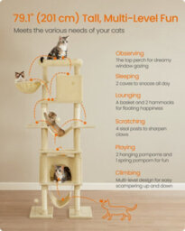 LEDREM 201 Cm Tall Cat Tree, Xxl Large Cat Tower For Indoor Cats, Multi-Level Cat Condo With 4 Scratching Posts, 2 Hammocks, A Perch - thumbnail 5