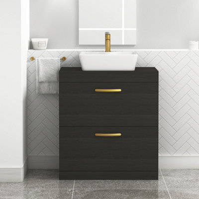 Royal Bathrooms 800mm Hale Black 2 Drawer Free Standing Bathroom Vanity Unit With Basin & Cube Countertop Sink With Brushed Brass Handle - image 1