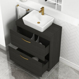 Royal Bathrooms 800mm Hale Black 2 Drawer Free Standing Bathroom Vanity Unit With Basin & Cube Countertop Sink With Brushed Brass Handle - thumbnail 3