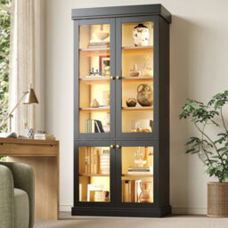 Btm Led Display Cabinet, Freestanding Storage Cabinet With Glass Doors, Anti Tip Design, Black - thumbnail 9