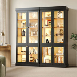 Btm Led Display Cabinet, Freestanding Storage Cabinet With Glass Doors, Anti Tip Design, Black