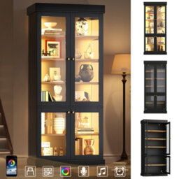 Btm Led Display Cabinet, Freestanding Storage Cabinet With Glass Doors, Anti Tip Design, Black - thumbnail 2