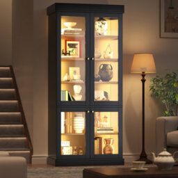 Btm Led Display Cabinet, Freestanding Storage Cabinet With Glass Doors, Anti Tip Design, Black - thumbnail 5