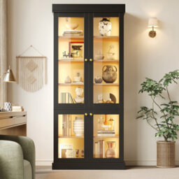 Btm Led Display Cabinet, Freestanding Storage Cabinet With Glass Doors, Anti Tip Design, Black - thumbnail 6