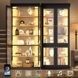 Btm Led Display Cabinet, Freestanding Storage Cabinet With Glass Doors, Anti Tip Design, Black - thumbnail 3