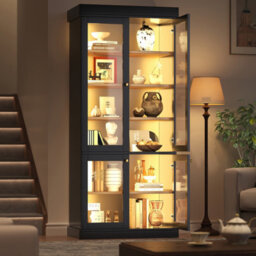 Btm Led Display Cabinet, Freestanding Storage Cabinet With Glass Doors, Anti Tip Design, Black - thumbnail 4
