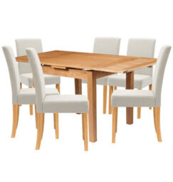 Hallowood Furniture Waverly Oak Small Extending Table With 6 Upholstered Straight Back Beige Chair With Oak Legs - thumbnail 8