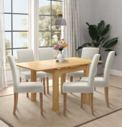 Hallowood Furniture Waverly Oak Small Extending Table With 6 Upholstered Straight Back Beige Chair With Oak Legs - thumbnail 1