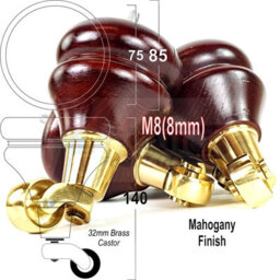 L&F 4 Mahogany Furniture Legs Wood Replacement Feet With Brass Castors 140mm High Chair Sofa M8 - thumbnail 2