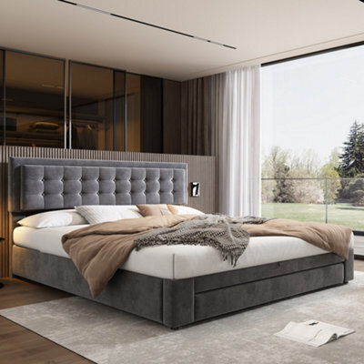 Btm Upholstered King Size Bed 5Ft 150X200Cm Velvet Fabric Large Storage Slats Headboard Without Mattress Grey - image 1