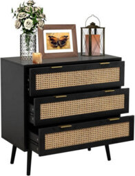 Home Stuff Plus Black Wooden Rattan Chest Of Drawers With Wide Drawers For Storage For Bedroom Living Room, Hallway, Nursery - W80 X D40 X H80Cm - thumbnail 8
