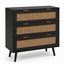 Home Stuff Plus Black Wooden Rattan Chest Of Drawers With Wide Drawers For Storage For Bedroom Living Room, Hallway, Nursery - W80 X D40 X H80Cm - thumbnail 9
