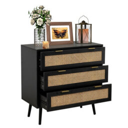 Home Stuff Plus Black Wooden Rattan Chest Of Drawers With Wide Drawers For Storage For Bedroom Living Room, Hallway, Nursery - W80 X D40 X H80Cm