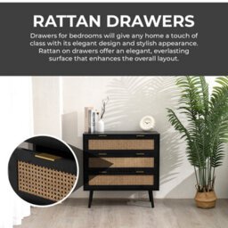 Home Stuff Plus Black Wooden Rattan Chest Of Drawers With Wide Drawers For Storage For Bedroom Living Room, Hallway, Nursery - W80 X D40 X H80Cm - thumbnail 4