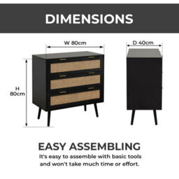 Home Stuff Plus Black Wooden Rattan Chest Of Drawers With Wide Drawers For Storage For Bedroom Living Room, Hallway, Nursery - W80 X D40 X H80Cm - thumbnail 5