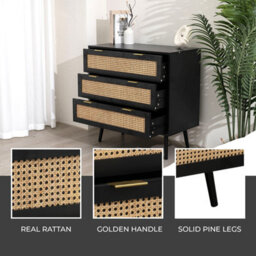 Home Stuff Plus Black Wooden Rattan Chest Of Drawers With Wide Drawers For Storage For Bedroom Living Room, Hallway, Nursery - W80 X D40 X H80Cm - thumbnail 2