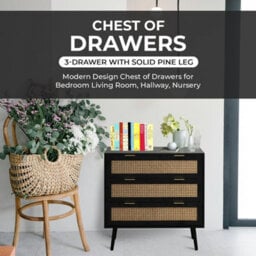 Home Stuff Plus Black Wooden Rattan Chest Of Drawers With Wide Drawers For Storage For Bedroom Living Room, Hallway, Nursery - W80 X D40 X H80Cm - thumbnail 3