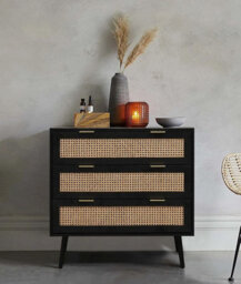 Home Stuff Plus Black Wooden Rattan Chest Of Drawers With Wide Drawers For Storage For Bedroom Living Room, Hallway, Nursery - W80 X D40 X H80Cm - thumbnail 6