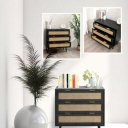 Home Stuff Plus Black Wooden Rattan Chest Of Drawers With Wide Drawers For Storage For Bedroom Living Room, Hallway, Nursery - W80 X D40 X H80Cm - thumbnail 7