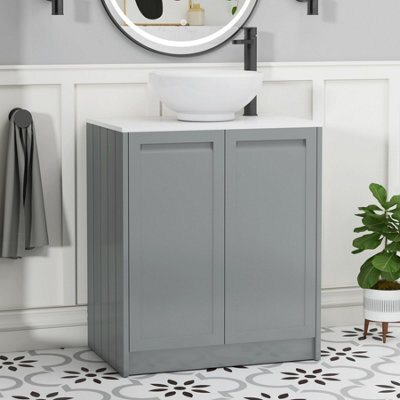 Royal Bathrooms Royal Bathroom Elmore 700mm Matt Pebble Grey Freestanding Bathroom Vanity Unit 2 Door Plain White Worktop With Breeze Basin - image 1