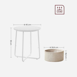 Round Side Table White Modern End Table With Beige Fabric Basket - thumbnail 9