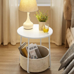 Round Side Table White Modern End Table With Beige Fabric Basket - thumbnail 3