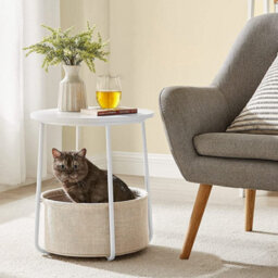 Round Side Table White Modern End Table With Beige Fabric Basket - thumbnail 2