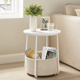 Round Side Table White Modern End Table With Beige Fabric Basket