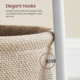Round Side Table White Modern End Table With Beige Fabric Basket - thumbnail 7