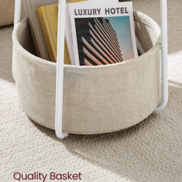 Round Side Table White Modern End Table With Beige Fabric Basket - thumbnail 6