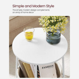 Round Side Table White Modern End Table With Beige Fabric Basket - thumbnail 5
