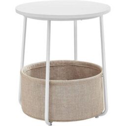 Round Side Table White Modern End Table With Beige Fabric Basket - thumbnail 4