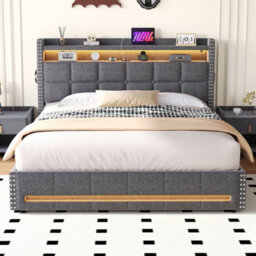 Btm 5Ft King Bed With Hydraulic Storage, Led Headboard, Charging Station, Usbc Ports, Linen Grey (No Mattress) - thumbnail 5