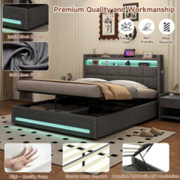 Btm 5Ft King Bed With Hydraulic Storage, Led Headboard, Charging Station, Usbc Ports, Linen Grey (No Mattress) - thumbnail 8