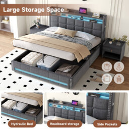Btm 5Ft King Bed With Hydraulic Storage, Led Headboard, Charging Station, Usbc Ports, Linen Grey (No Mattress) - thumbnail 6