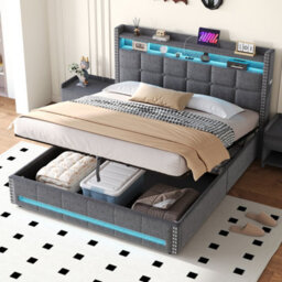 Btm 5Ft King Bed With Hydraulic Storage, Led Headboard, Charging Station, Usbc Ports, Linen Grey (No Mattress) - thumbnail 2