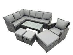 Fimous 11 Seat Poly Rattan Outdoor Patio Oblong Coffee Table Corner Sofa Set With 3 Stool Chair For Backyard Dark Grey Mixed - thumbnail 2