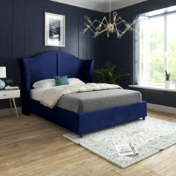 Zampa Curved Top Curved Winged Upholstered Soft Velvet Blue Bed Frame - thumbnail 1