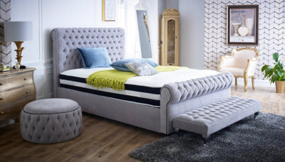 Stratus Interiors Quebec Soft Velvet Chesterfield Sleigh Scroll Bed Frame - Double - Gas Lift Ottoman Storage - image 1