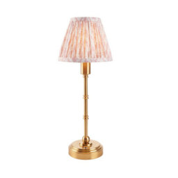 Luminosa Lighting Luminosa Burley Rechargeable Brushed Aged Brass Plate Table Lamp With Peachy Keen Fabric Leaf Shade 16Cm Integrated Led