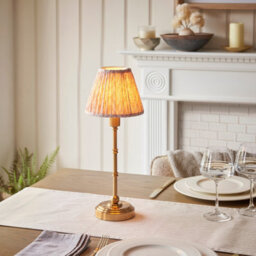Luminosa Lighting Luminosa Burley Rechargeable Brushed Aged Brass Plate Table Lamp With Peachy Keen Fabric Leaf Shade 16Cm Integrated Led - thumbnail 2