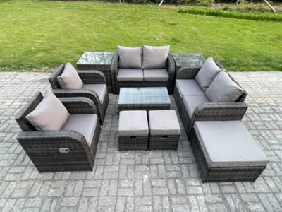 Fimous 9 Seater Rattan Garden Furniture Set Patio Outdoor Lounge Sofa Set With Rectangular Coffee Table 3 Footstools Love Sofa - image 1