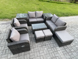 Fimous 9 Seater Rattan Garden Furniture Set Patio Outdoor Lounge Sofa Set With Rectangular Coffee Table 3 Footstools Love Sofa - thumbnail 2