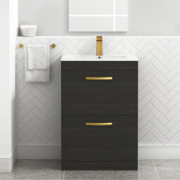 Royal Bathrooms Turin Hale Black 600mm Floor Standing Vanity Unit 2 Drawer With Minimalist Basin Sink & Brushed Brass Handles