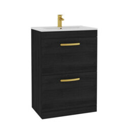 Royal Bathrooms Turin Hale Black 600mm Floor Standing Vanity Unit 2 Drawer With Minimalist Basin Sink & Brushed Brass Handles - thumbnail 6