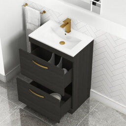 Royal Bathrooms Turin Hale Black 600mm Floor Standing Vanity Unit 2 Drawer With Minimalist Basin Sink & Brushed Brass Handles - thumbnail 3