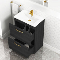 Royal Bathrooms Turin Hale Black 600mm Floor Standing Vanity Unit 2 Drawer With Minimalist Basin Sink & Brushed Brass Handles - thumbnail 5