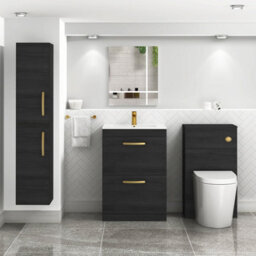 Royal Bathrooms Turin Hale Black 600mm Floor Standing Vanity Unit 2 Drawer With Minimalist Basin Sink & Brushed Brass Handles - thumbnail 4